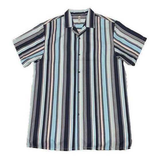 WEIV Men's Summer Beach Button Up Shirt with Vertical Stripes in Blue and Beige for Casual Wear