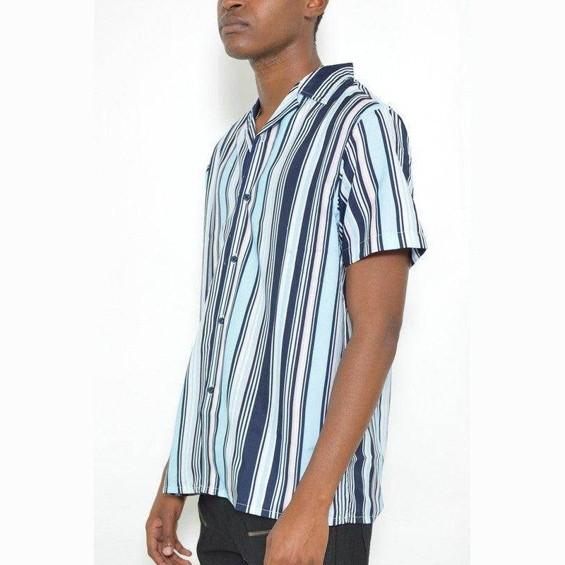 WEIV Men's Summer Beach Button Up Shirt in Striped Blue Design for Casual Wear