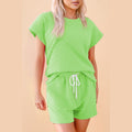Green short sleeve top and shorts summer casual drawstring shorts outfit by SHEWIN INC
