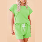 Green short sleeve top and shorts summer casual drawstring shorts outfit by SHEWIN INC
