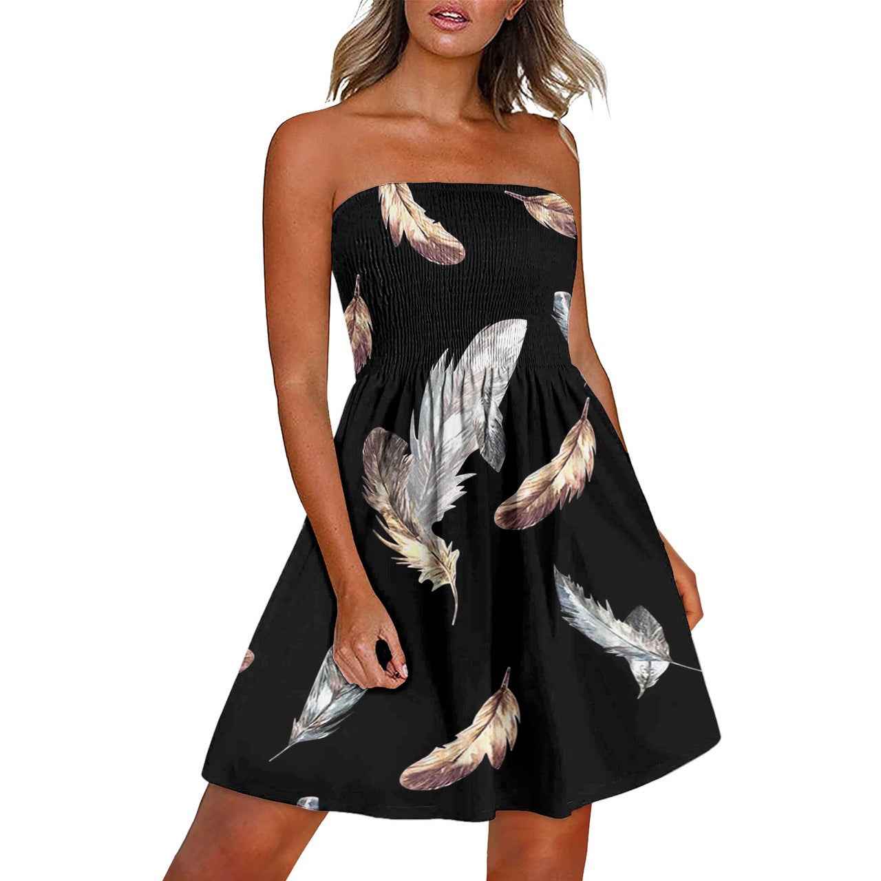 SHOMICOBOUTIQUE summer chest wrap dress with feather print on a black background for casual outings