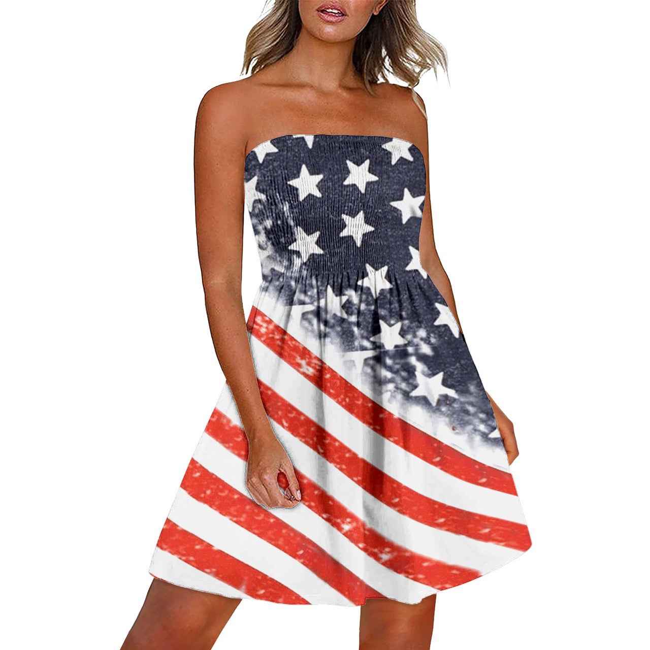 Summer chest wrap dress with red and white stripes and blue star pattern, perfect for warm weather styling