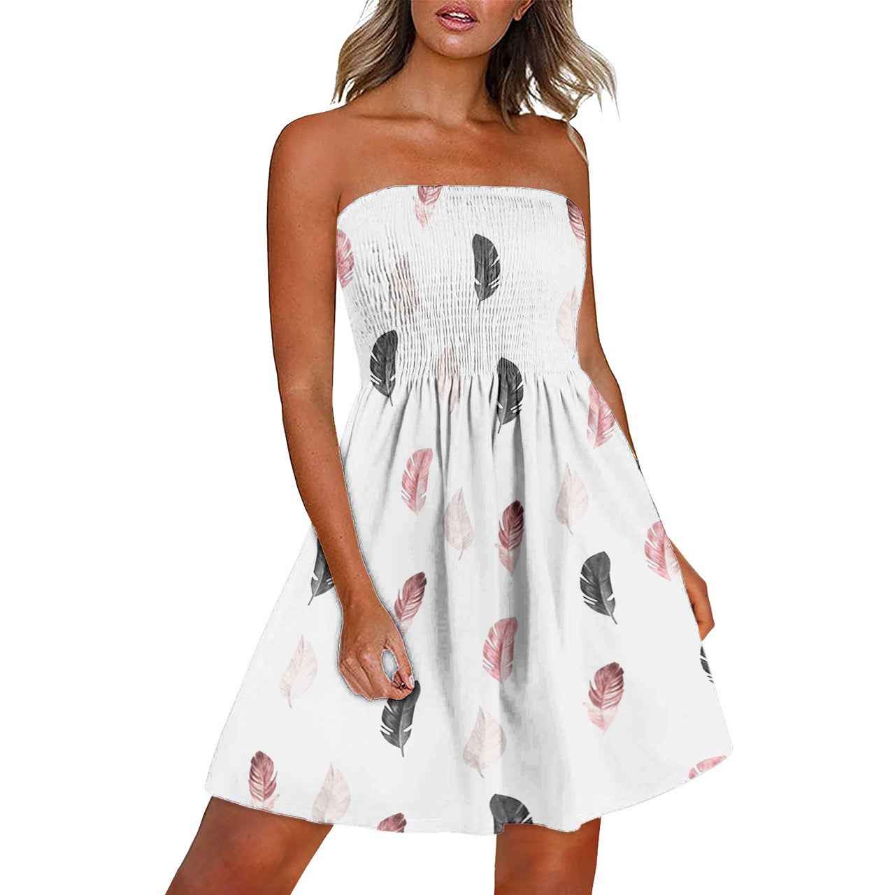 White summer chest wrap dress featuring patterned leaves, perfect for warm weather outings