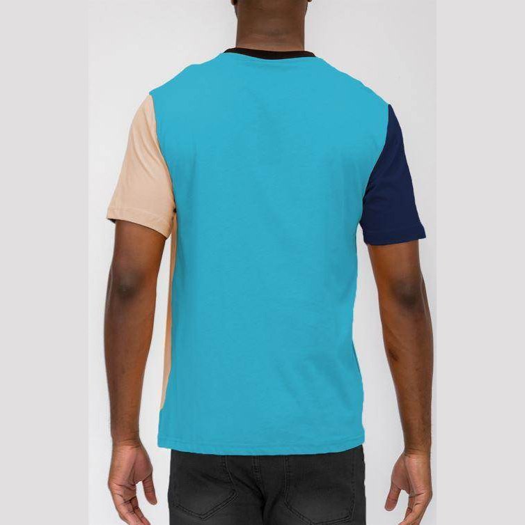 Men's summer color block t-shirt featuring a vibrant mix of colors from VacationGrabs