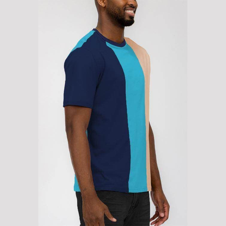 Men's summer color block t-shirt in blue and tan, ideal for casual summer outings