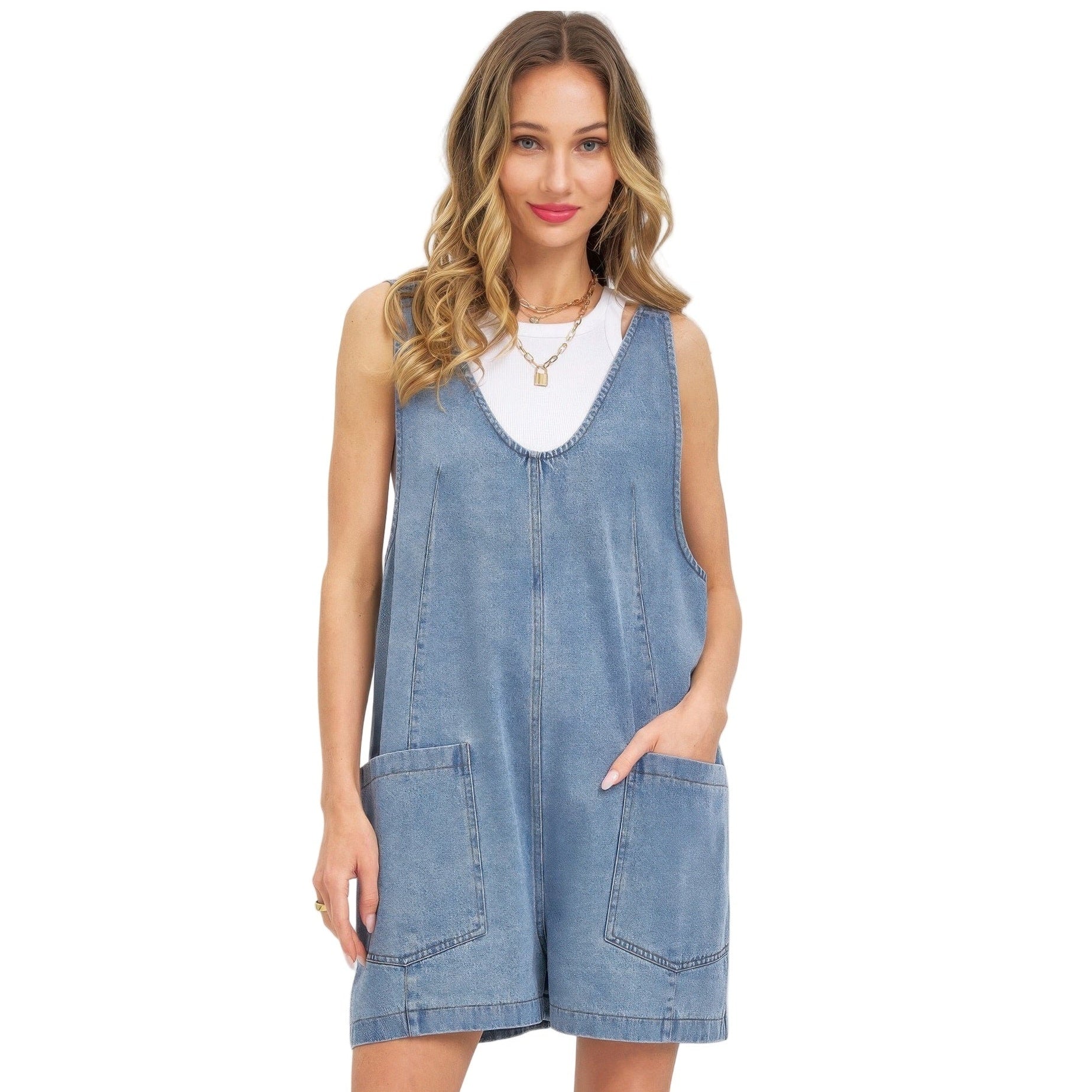 Casual summer denim romper for women with pockets and a sleeveless design by VacationGrabs