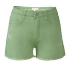 Rag Company women's summer fashion denim shorts in green with a distressed hem and five pockets