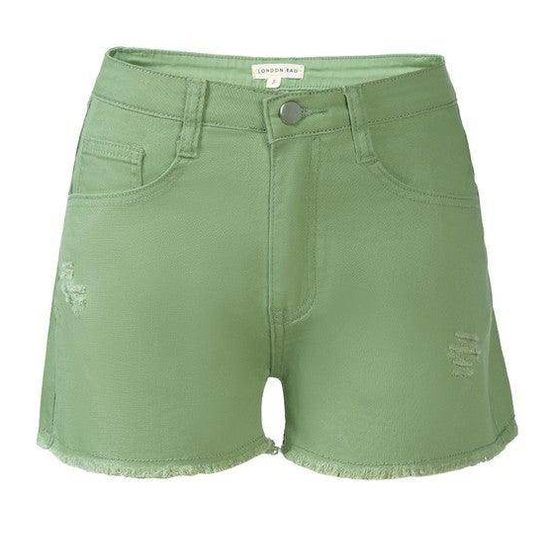 Rag Company women's summer fashion denim shorts in green with a distressed hem and five pockets