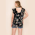 Shopin LA summer floral print blouse in black with ruffled sleeves and open back style