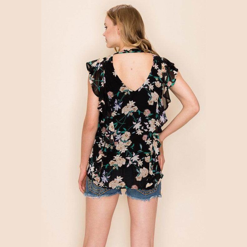 Shopin LA summer floral print blouse in black with ruffled sleeves and open back style