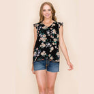 Shopin LA Women's summer floral print blouse with ruffled sleeves and a stylish black background