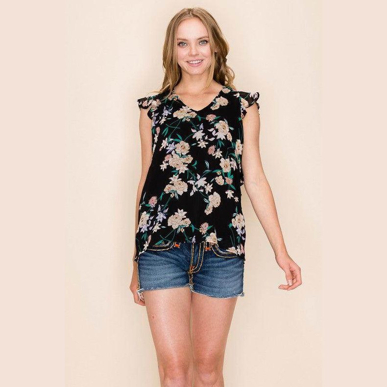 Shopin LA Women's summer floral print blouse with ruffled sleeves and a stylish black background
