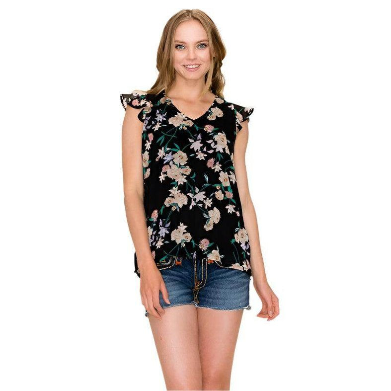 Shopin LA summer floral print blouse featuring a black background and floral patterns for a stylish summer look