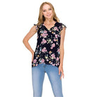 Shopin LA Women's summer floral print blouse with ruffled sleeves and navy background