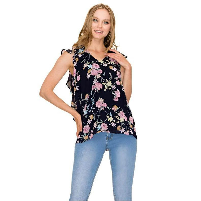 Stylish women's summer floral print blouse with ruffle sleeves, perfect for casual outings.