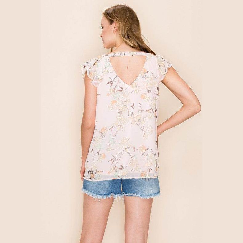 Shopin LA summer floral print blouse with ruffled sleeves and a stylish open back design