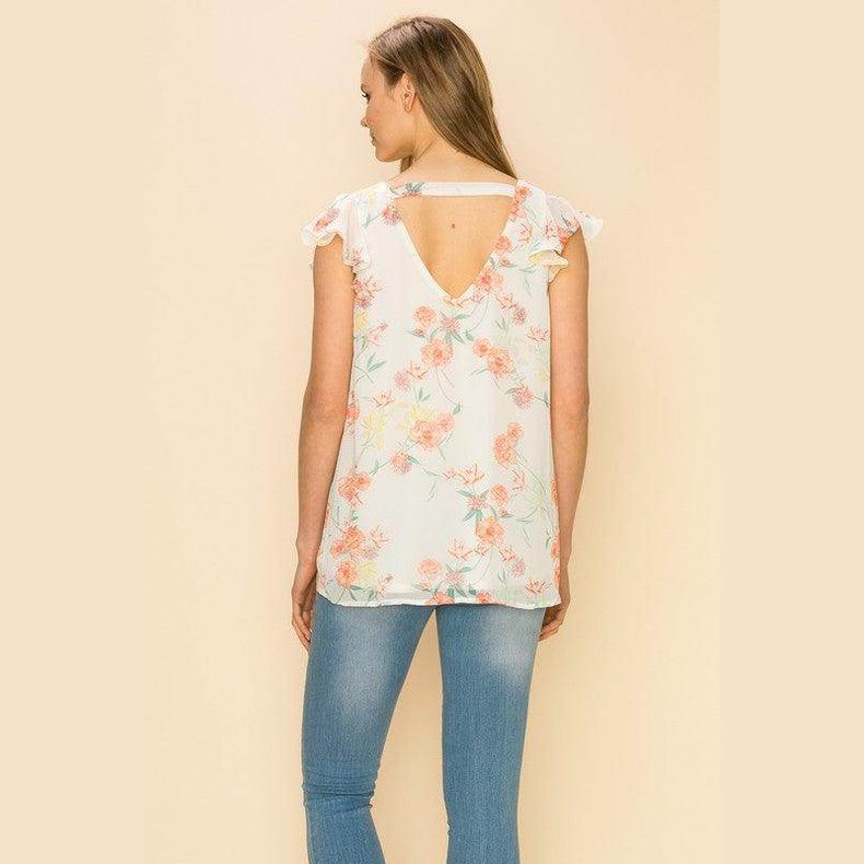 Shopin LA Women's summer floral print blouse with a back V-neck design and ruffled sleeves