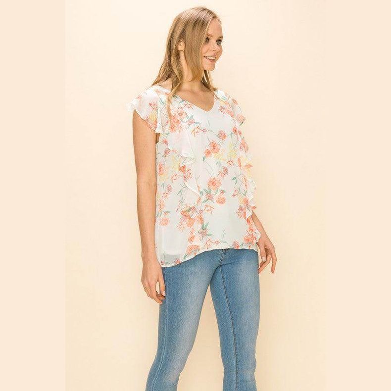Shopin LA women's summer floral print blouse with ruffle details and a v-neck design