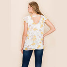 Women's summer floral print blouse with ruffled sleeves and open back design, perfect for warm weather