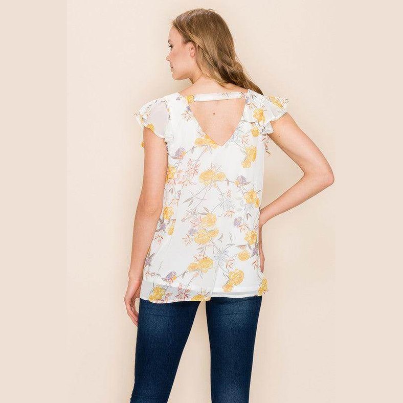 Women's summer floral print blouse with ruffled sleeves and open back design, perfect for warm weather