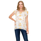 Shopin LA Women's summer floral print blouse in white with ruffle sleeves and vibrant floral design
