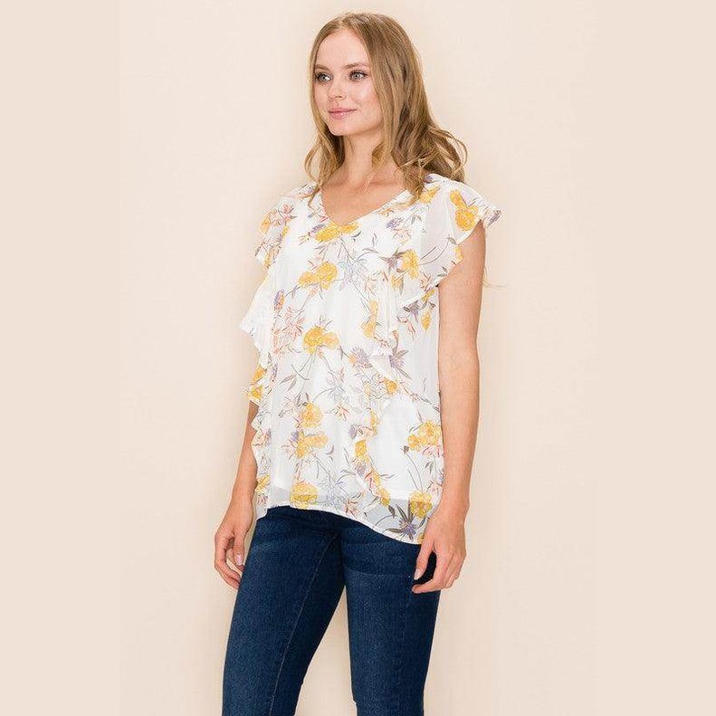 Shopin LA Women's summer floral print blouse with ruffle details and vibrant yellow flowers