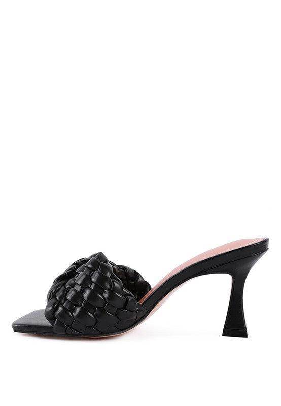 Rag Company summer heeled sandals in black with woven design and elegant stiletto heel