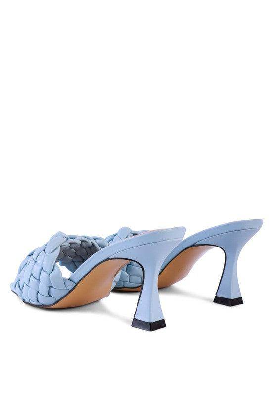 Light blue summer heeled sandals with braided design and stylish heels for warm weather outings