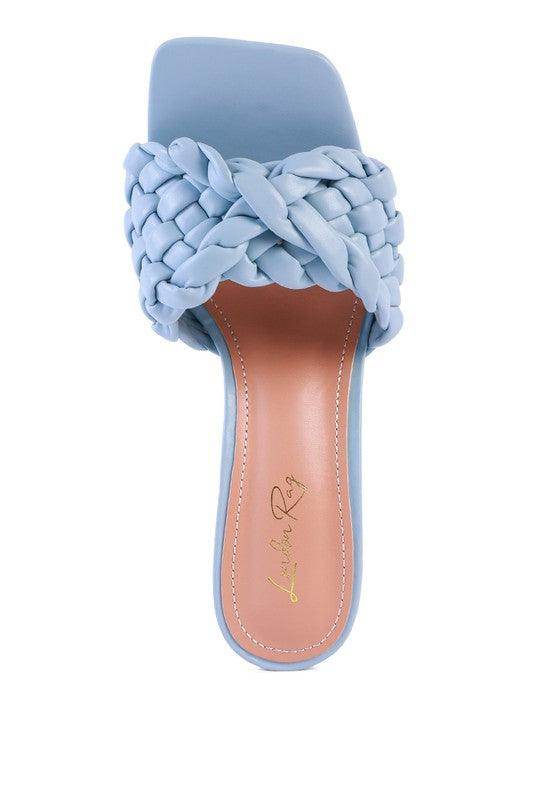 Light blue summer heeled sandals with braided strap design for stylish summer outings