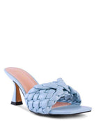 Light blue summer heeled sandals with a stylish woven design and elegant heels