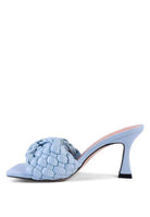 Light blue summer heeled sandals with woven design and open toe for stylish summer outfits