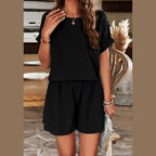 Miss Sparkling black summer matching shorts and top set with rolled sleeves and loose fit