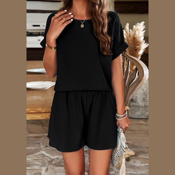 Miss Sparkling black summer matching shorts and top set with rolled sleeves and loose fit