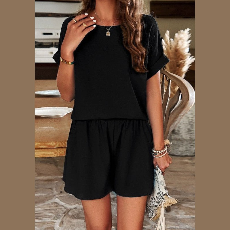 Miss Sparkling black summer matching shorts and top set with rolled sleeves and loose fit