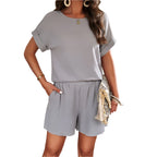 Miss Sparkling casual summer matching shorts and top set in light gray with rolled sleeves and elastic waistband