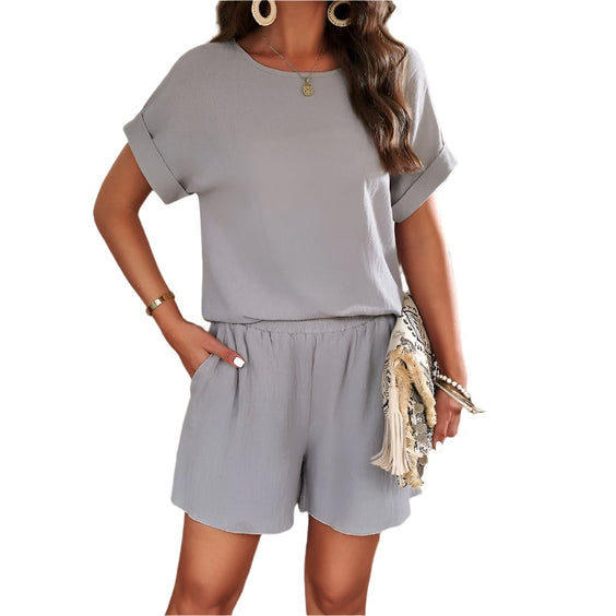 Miss Sparkling casual summer matching shorts and top set in light gray with rolled sleeves and elastic waistband