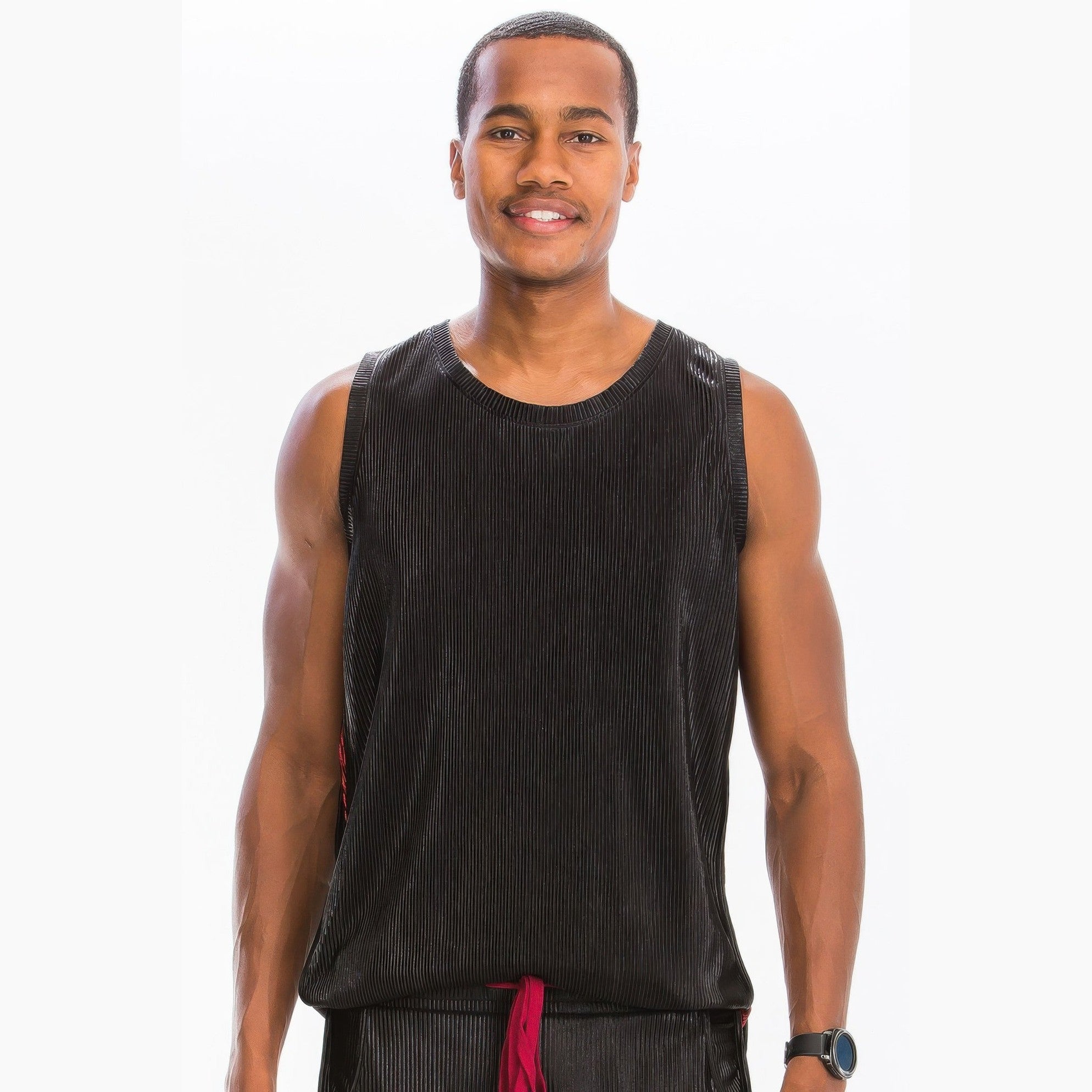 Men's summer metallic tank top in black by VacationGrabs worn by model smiling