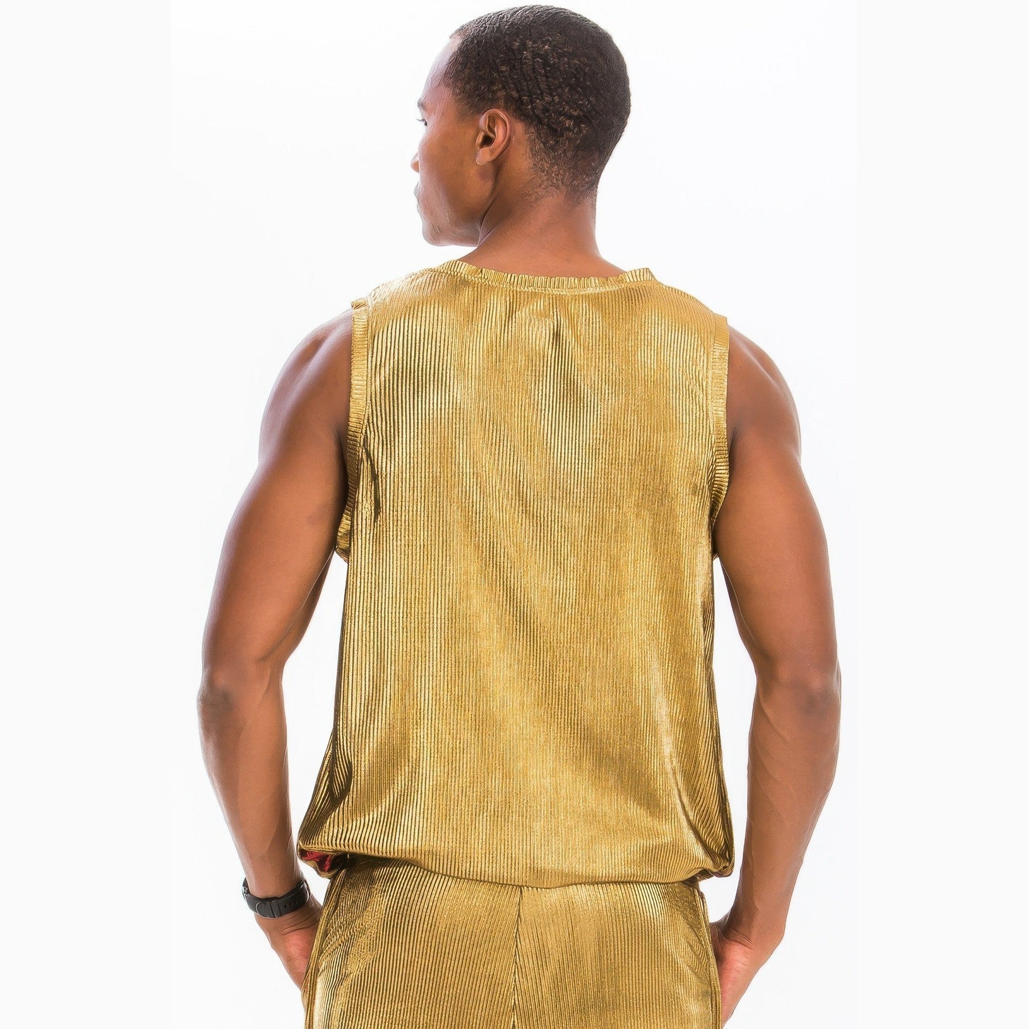 Back view of man wearing a gold summer metallic tank top from VacationGrabs