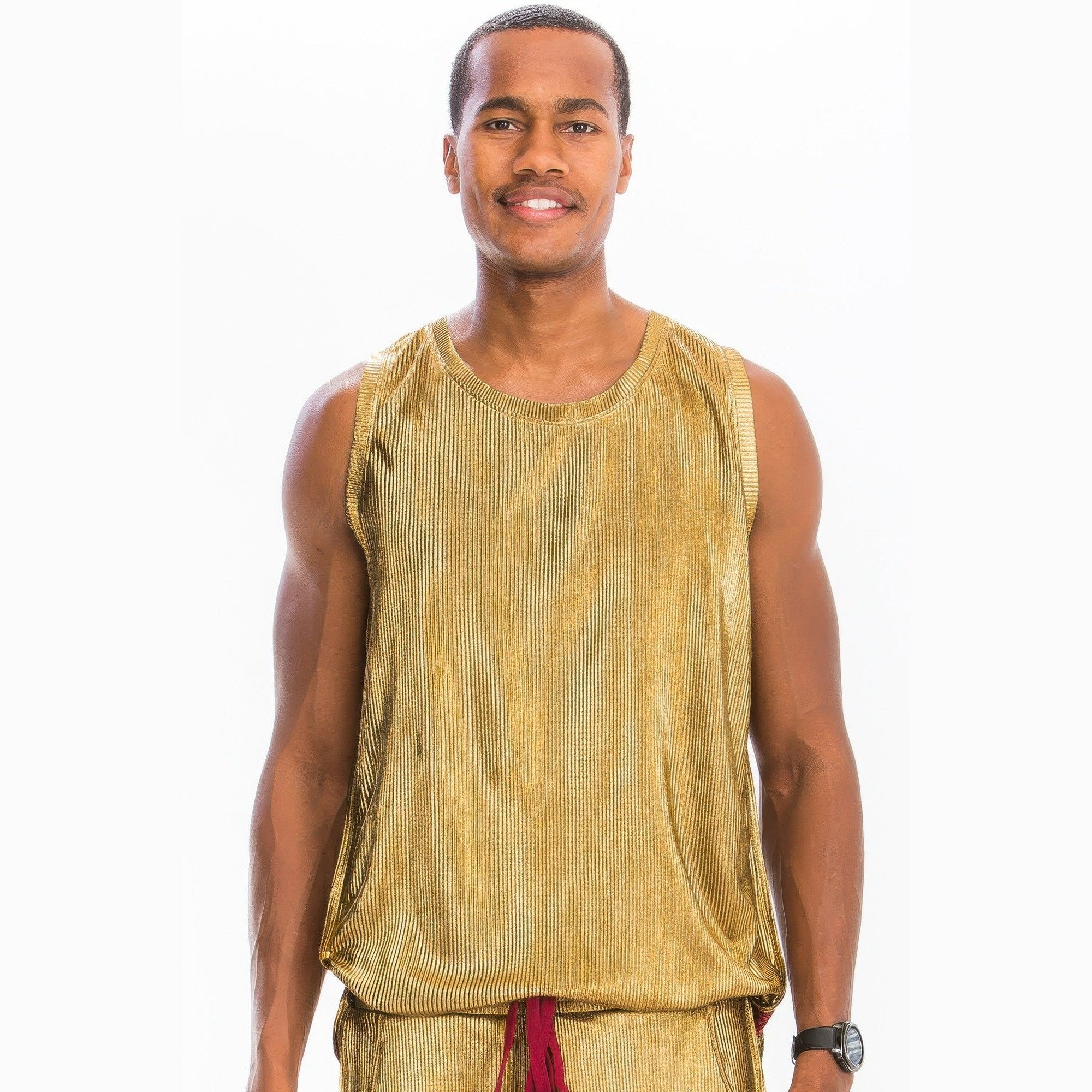 Men's summer metallic tank top in gold by VacationGrabs worn by a smiling male model