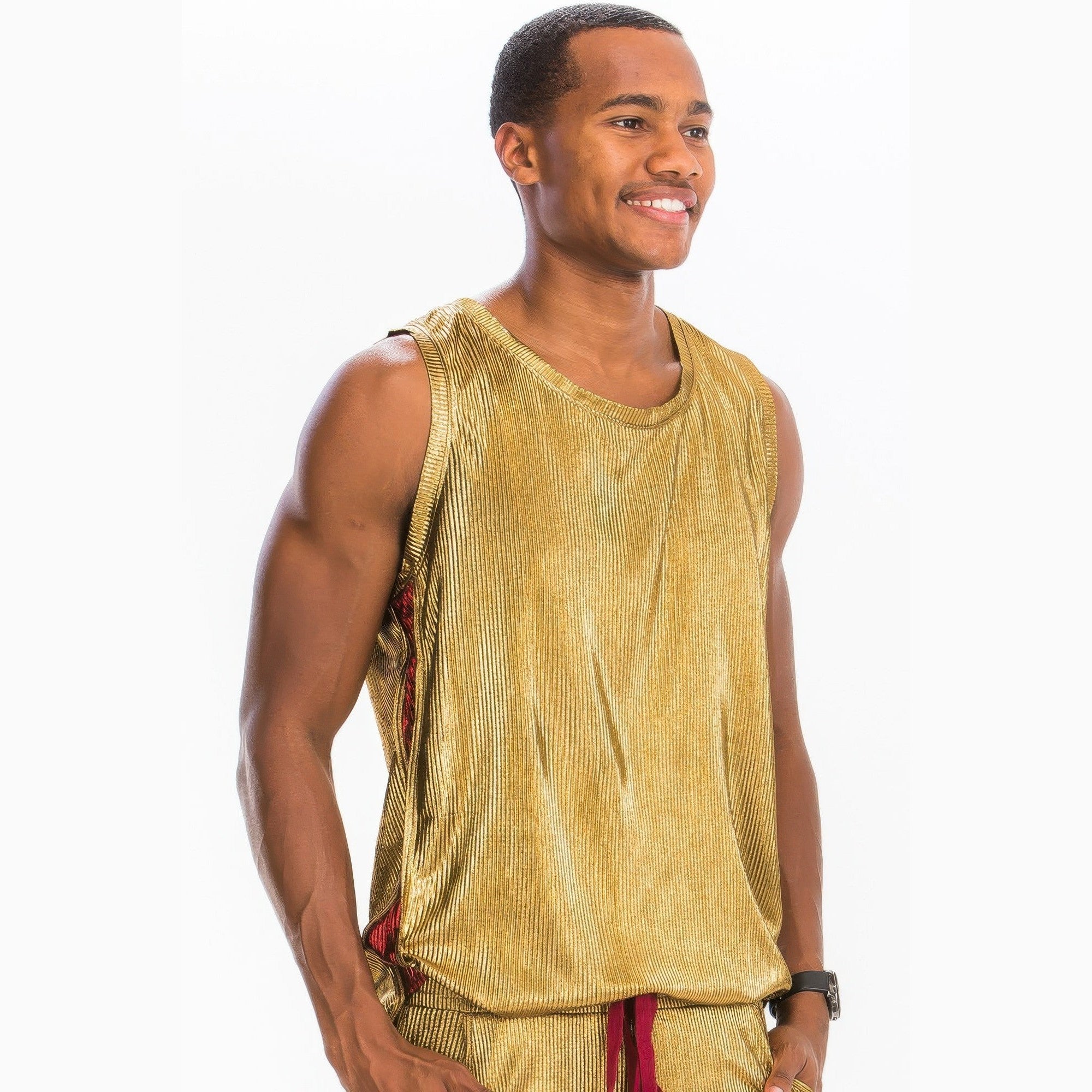 Men's summer metallic tank top in gold with a ribbed texture from VacationGrabs
