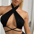Black summer push up bandeau top with crisscross halter neck and wrap-around straps