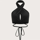 Black summer push up bandeau top with crisscross halter neck and tie waist design