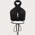 Black summer push up bandeau top with crisscross halter neck and tie waist design