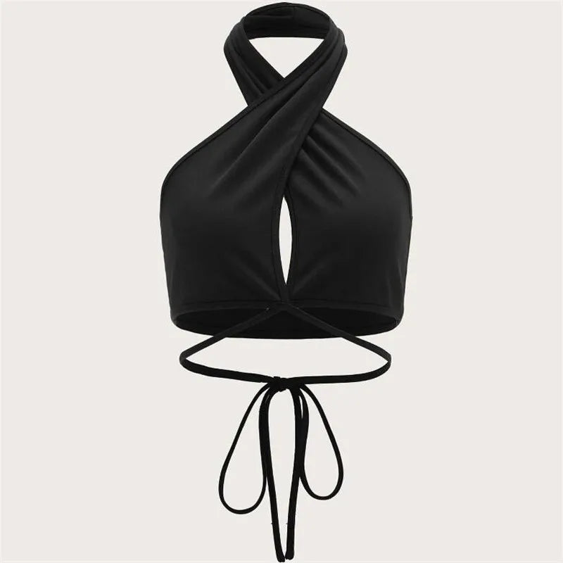 Black summer push up bandeau top with crisscross halter neck and tie waist design