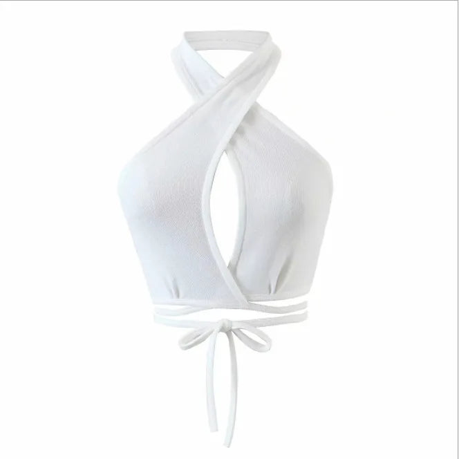 White summer push up bandeau top with crisscross halter neck and tie waist detail