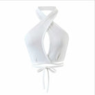 White summer push up bandeau top with crisscross halter neck and tie waist detail