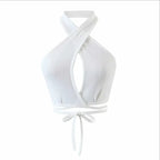 White summer push up bandeau top with crisscross halter neck and tie waist detail