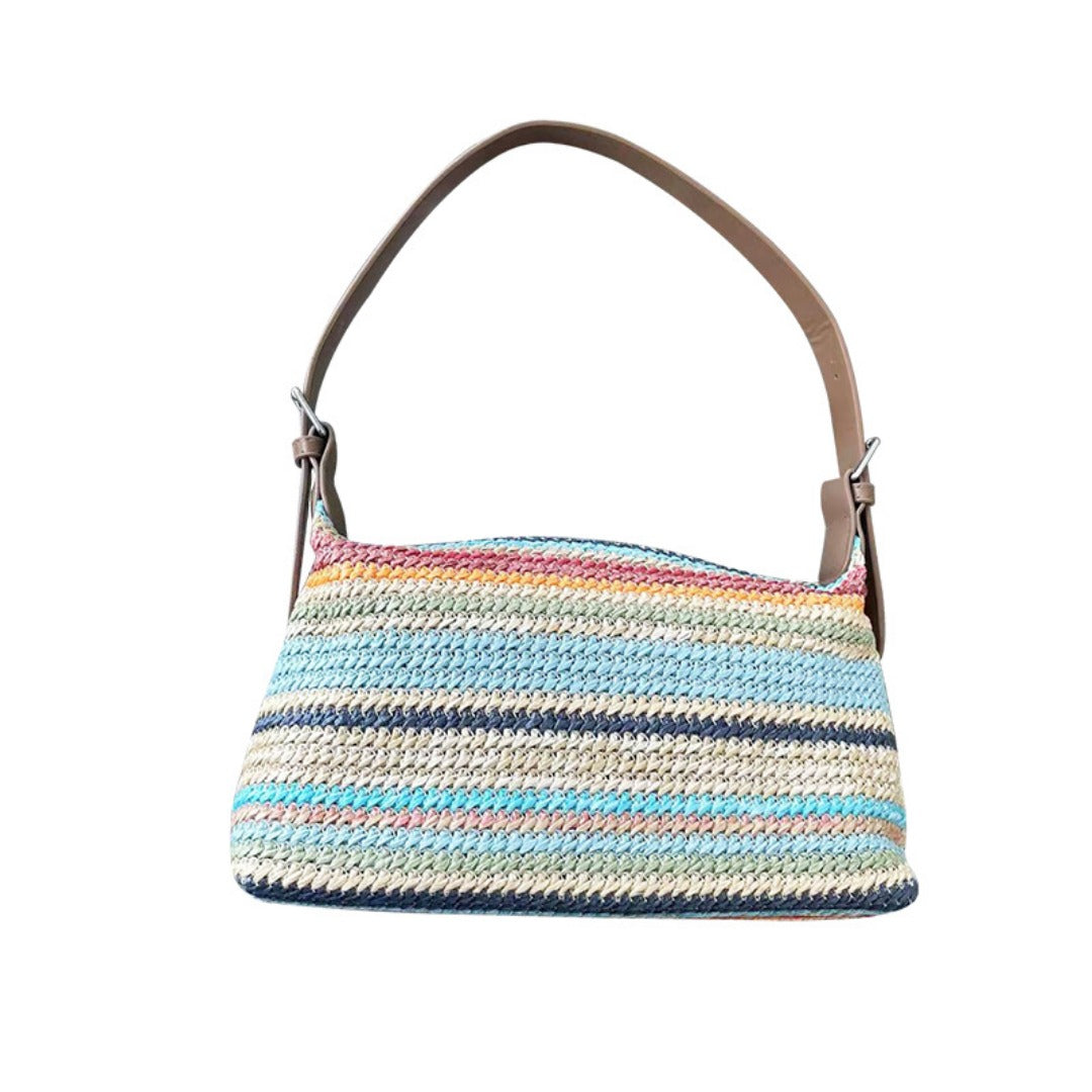 SHOMICOBOUTIQUE summer rainbow straw beach bag with vibrant multi-colored stripes and comfortable shoulder strap