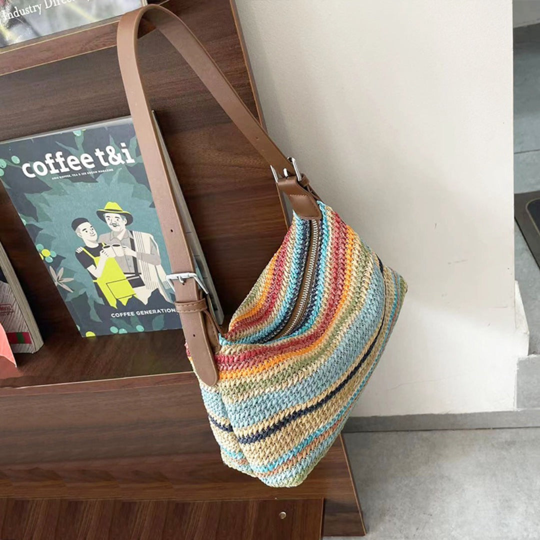 Colorful summer rainbow straw beach bag with leather straps for stylish beach outings