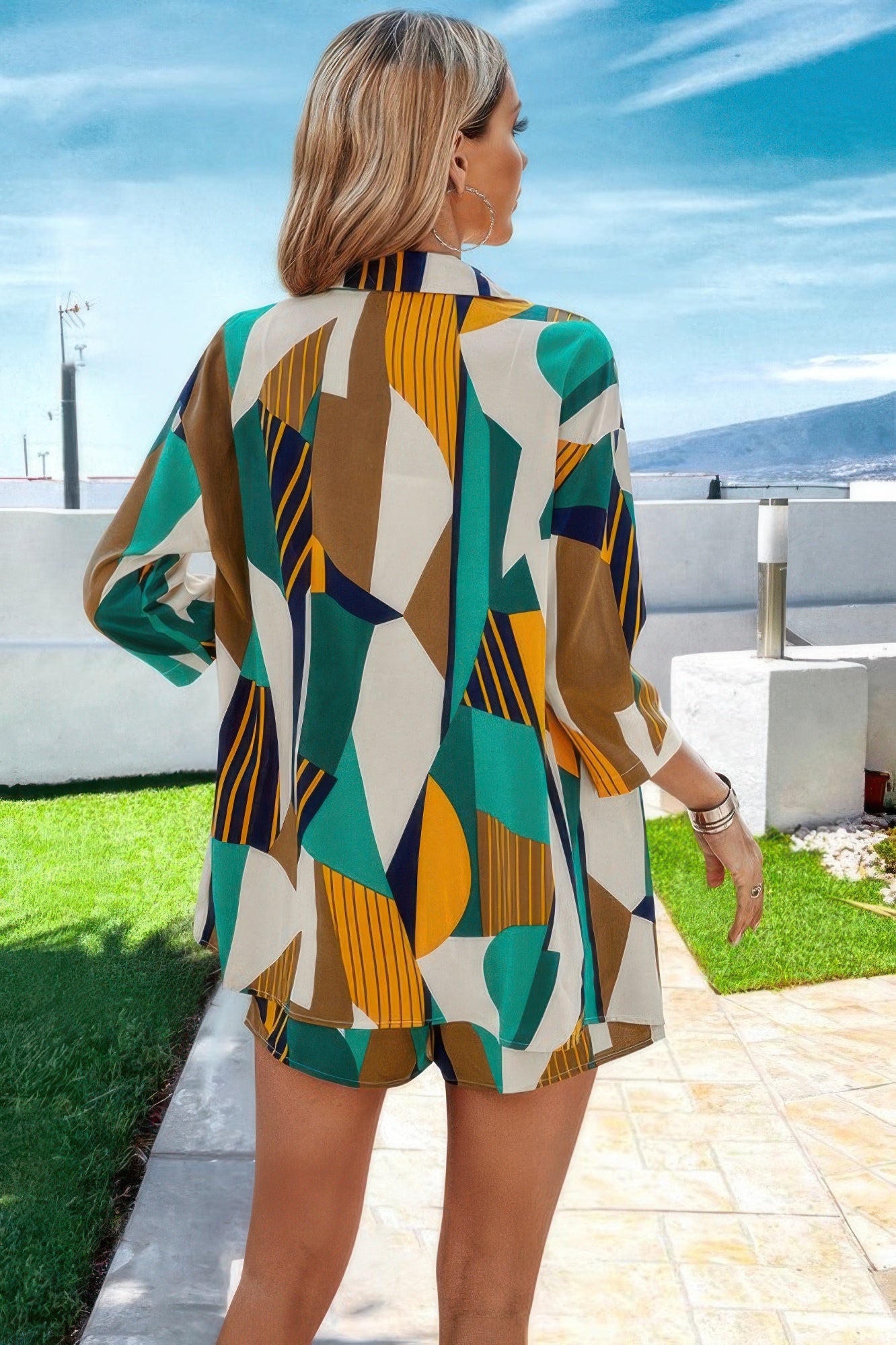 VacationGrabs women's outfit set with colorful geometric patterns for summer resort wear for women